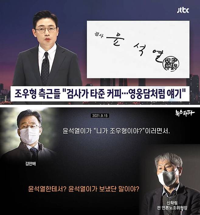 JTBC가 2022년 2월 28일 대출 브로커 조우형씨 측근들이 ‘조씨가 부산저축은행 사건으로 조사받을 당시 중수2과장이었던 윤석열 대통령과 커피를 마셨다고 말했다’는 취지로 보도하는 장면(위 사진). JTBC는 같은 달 21일에 이어 같은 내용을 반복해 보도했다. 뉴스타파는 그해 3월 6일 ‘윤 대통령이 검사 시절 자신의 사무실에서 조우형씨를 만났고 조씨 수사를 무마했다’는 취지의 내용이 담긴 김만배씨 녹음 파일을 보도했다. 이들 보도는 ‘가짜 뉴스’로 드러났다. /JTBC·뉴스타파