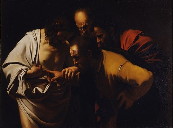 미켈란젤로 메리시 카라바조, '성 토마스의 의심'(The Incredulity of Saint Thomas), 캔버스에 유채, 108 x 146 cm, 우피치 미술관. [사진 액츠매니지먼트]