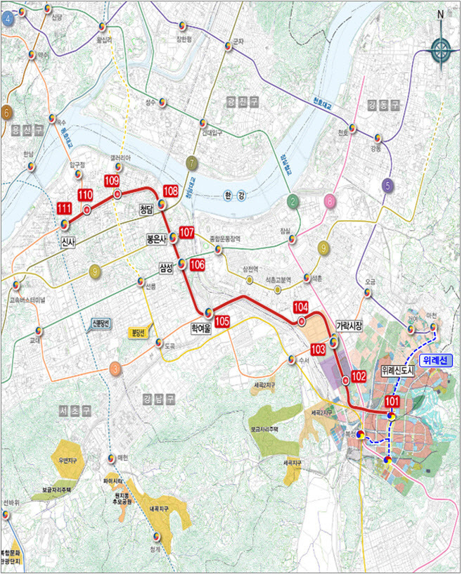 위례신사선 도시철도 노선도(예정). [사진 출처 = 서울시]