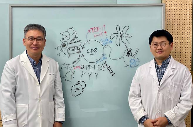 이흥규 한국과학기술원(KAIST) 생명과학과 교수(왼쪽) 연구진은 구근본 한국화학연구원 선임연구원(오른쪽) 연구진과 함께 교모세포종 실험 쥐 모델에서 면역관문억제제의 항암 작용을 높여 생존율을 개선하는 데 성공했다./KAIST