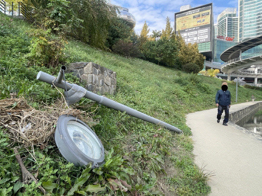 지난달 30일 오전 펜타포트 상가동 옆 아산시 장재천 보행로에 쓰러진 가로등. 밑둥이 꺾였으며 램프 부분은 전선을 드러내고 위태롭게 마른 풀 위에 얹어져 있다. 가로등은 10월 중순쯤 파손된 것으로 추정된다. 박하늘 기자