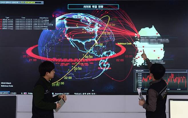 서울 송파구 한국인터넷진흥원(KISA) 인터넷침해대응센터 종합상황실에서 관계자들이 국내 웹사이트에 대한 분산서비스거부(디도스DDos) 공격 상황을 주시하고 있다(자료사진). ⓒ뉴시스