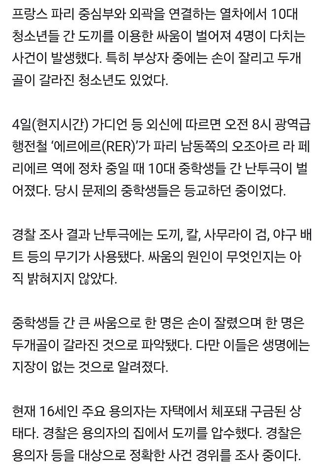 1000009271.jpg 프랑스) 열차서 중학생 도끼 난투극, 손 잘리고 두개골 깨져