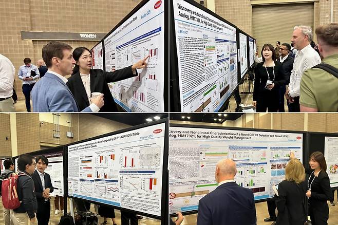 한미약품이 지난 3일부터 6일까지 열린 미국비만학회에서 신개념 비만치료제 관련 연구 성과를 발표했다. 사진은 한미약품 R&D센터 연구원 미국비만학회 발표 모습. /사진=한미약품