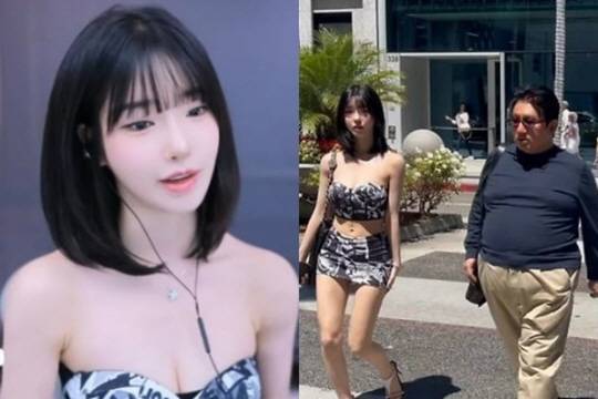 과즙세연 방송화면과 방시혁 하이브 의장과 함께 미국 LA 거리를 걷는 장면. 유튜브 캡처
