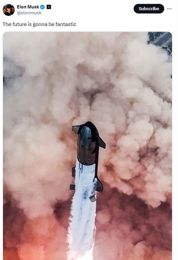 [서울=뉴시스] 일론 머스크 테슬라 최고경영자(CEO)는 6일 오전(현지시각) 자신의 엑스 계정에 스페이스X 로켓을 발사한 사진과 함께 "미래는 환상적일 것"이라는 글도 올리며 트럼프 당선을 축하했다. (사진=일론 머스크 엑스 캡처) *재판매 및 DB 금지