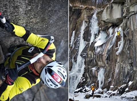 1 까다로운 오버행 구간에서바일을 입에 물고 자세를 바꾸는 이창현.2 가래비 우벽의 전형적인 믹스등반 루트를 영하 20℃에 육박하는 강추위 속에서 이창현이 오르고 있다.