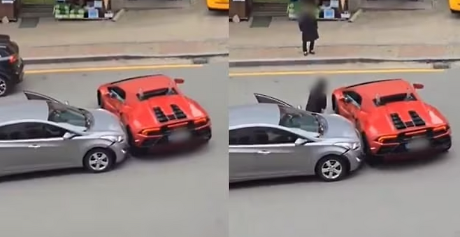 최근 경기도 안양에서 발생한 아반떼 차량과 람보르기니 사고의 모습. [사진 출처 = X(옛 트위터) 캡처]