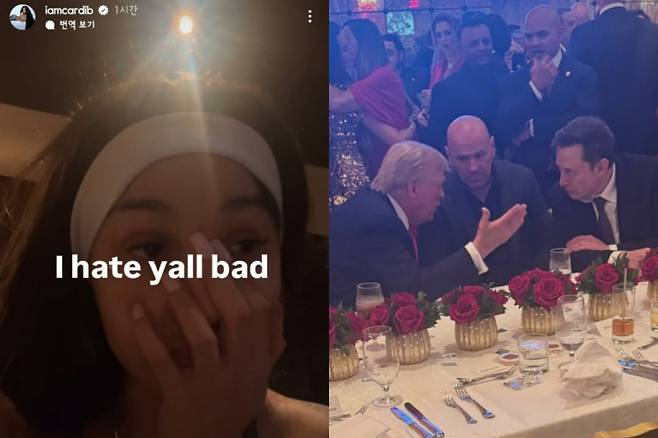 (왼쪽부터) 미국 대선 개표 결과에 안타까움을 토로하는 래퍼 카디비, 도널드 트럼프 당선인과 함께 있는 사진을 올린 일론 머스크 /사진=카디비, 일론 머스크 SNS 캡처