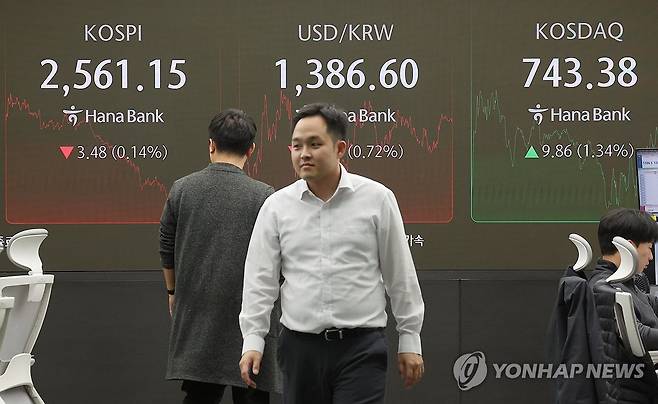 코스피, 하락 전환해 2,560대 마감 (서울=연합뉴스) 박동주 기자 = 코스피가 2,560대에서 약보합 마감한  8일 오후 서울 중구 하나은행 본점 딜링룸에서 직원들이 업무를 보고 있다. 2024.11.8 pdj6635@yna.co.kr