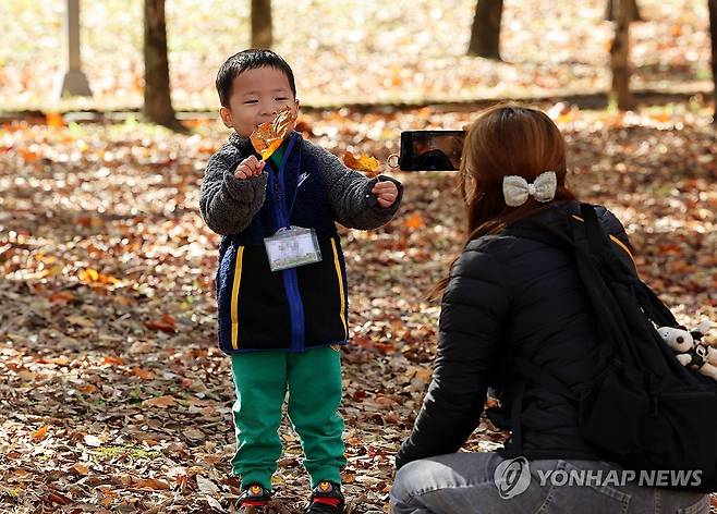 낙엽 든 아이 (광주=연합뉴스) 조남수 기자 = 절기 입동인 7일 광주 서구 5·18기념공원에서 한 어린이집 아이가 낙엽을 들고 기념사진을 찍고 있다. 
입동쯤에 동면하는 동물은 땅속에 굴을 파 숨고 산야의 나뭇잎은 떨어지고 풀들은 말라가는데 동물의 동면과 같이 낙엽 또한 나무가 겨울을 나는 동안 영양분의 소모를 최소로 줄이기 위한 현상이다. 2024.11.7 iso64@yna.co.kr