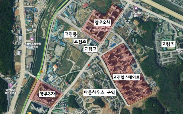 용인시 처인구 고림동 고진초등학교 통학구역(붉은 색 구역) 일대. 학구도 안내서비스 제공