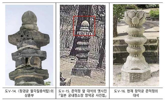 창경궁 팔각칠층석탑의 꼭대기 부분과 대석 비교  '창경궁 내 석조물 역사성 고증 연구용역 보고서'에 실린 사진 [국가유산청 제공. 재판매 및 DB 금지]