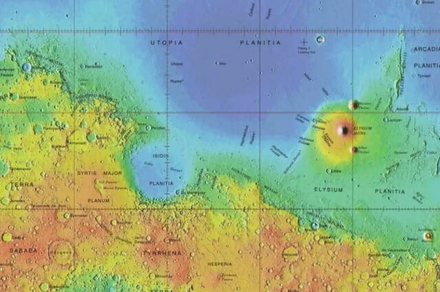 한 때 바다가 존재했을 가능성이 높은 화성 유토피아 평원의 지형도 (출처=미국지질조사국)