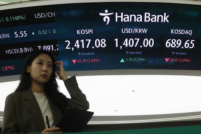 코스피가 나흘째 급락세를 지속한 13일 서울 중구 하나은행 본점 딜링룸에서 직원이 업무를 보고 있다. 연합뉴스