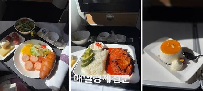 스위스항공 비즈니스 기내식. 왼쪽부터 순서대로 전채요리, 메인, 디저트다. / 사진=홍지연 여행+ 기자