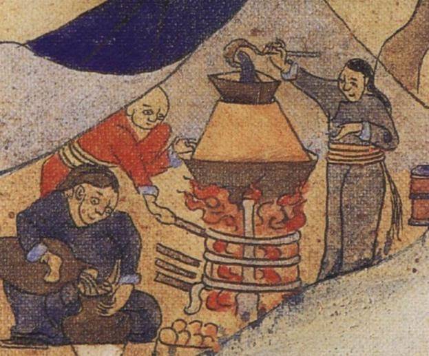 몽골의 화가 발두그린 샤라프의 작품 '몽골의 하루' 중 증류주 제조 부분 확대