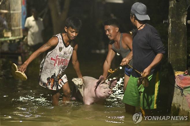 태풍으로 침수된 필리핀 마을 지난 12일(현지시간) 태풍 도라지로 침수된 필리핀 북부 루손섬 이사벨라주의 한 길거리 모습. 2024.11.13
[AP 연합뉴스 자료사진. 재판매 및 DB 금지]