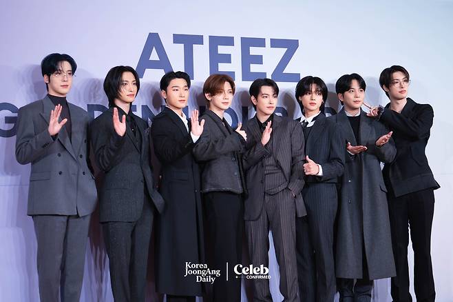 Members of boy band ATEEZ pose for the cameras during a press conference held on Thursday at the Lotte Hotel World in Jamsil, southern Seoul. [DANIELA GONZALEZ PEREZ]