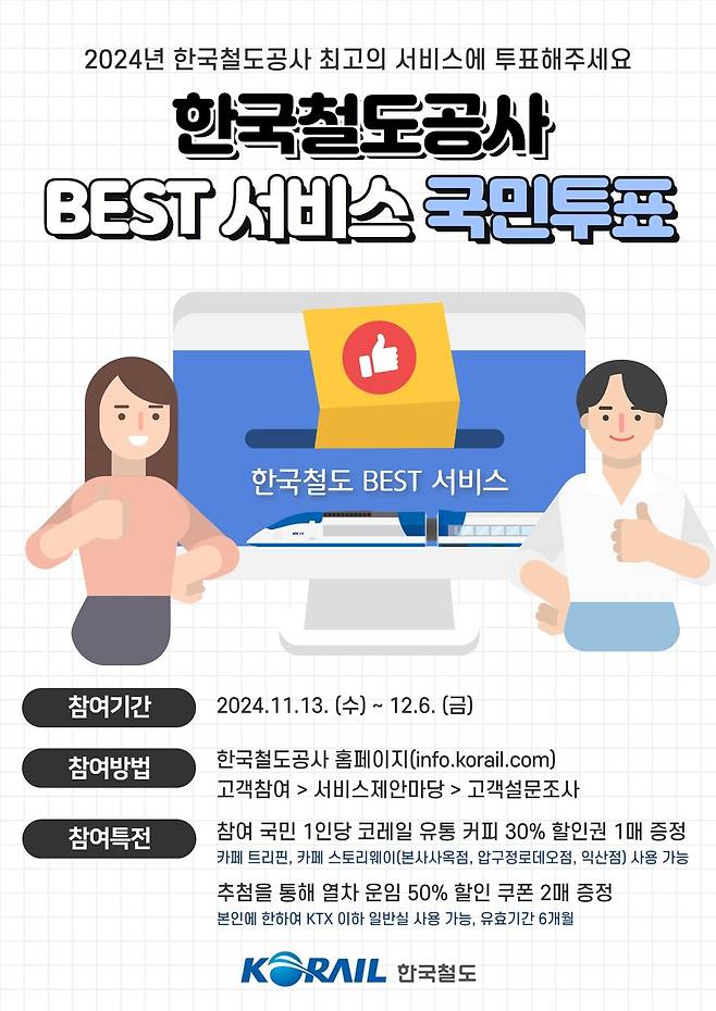 &nbsp; &nbsp; &nbsp; &nbsp; &nbsp; &nbsp; &nbsp; &nbsp; &nbsp; &nbsp; &nbsp; &nbsp; &nbsp; &nbsp; &nbsp; &nbsp; &nbsp; &nbsp; &nbsp; &nbsp; &nbsp; &nbsp; &nbsp; &nbsp; &nbsp; &nbsp; &nbsp; &nbsp; &nbsp; &nbsp;2024년 베스트 서비스 국민투표 포스터 Ⓒ코레일