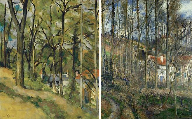 오베르와 퐁투와즈 일대에서 그림을 함께 그린 두 화가 세잔과 피사로. 1877년 과수원 코테 생드니를 그린 세잔(왼쪽)과 피사로(오른쪽)의 작품 각각.