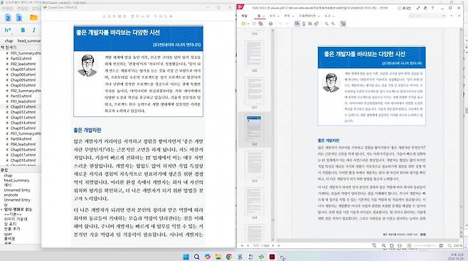 전자책 전문 편집자 박웅영 씨가 전자책 편집 완료를 한 후 종이책(PDF)과 비교하며 검수하는 화면.