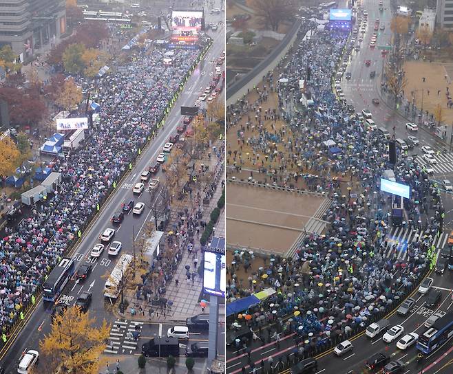 더불어민주당 이재명 대표의 공직선거법 위반 관련 1심 선고 후 첫 주말인 16일 보수진영, 진보 진영의 도심 집회는 계속됐다. 이날 오후 전국안보시민단체연합 등 보수단체 회원들이 서울 세종대로에서 집회를 하고 있다(왼쪽 사진). 광화문 광장 일대에서 '김건희·윤석열 국정농단 규탄 및 특검 촉구 3차 집회'가 진행되고 있다.   연합뉴스