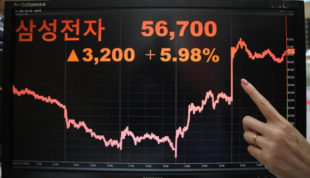 18일 서울 영등포구 여의도 한국거래소 모니터에 삼성전자 종가가 표시돼 있다. 뉴스1