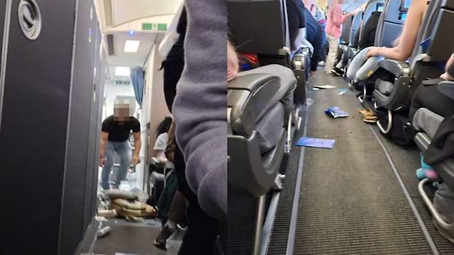 난기류로 항공기가 흔들리면서 기내 바닥에 물건이 떨어져 있다 / 엑스(X) 캡처