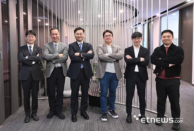 AI 디지털교과서 신청 교육현장 지원을 위한 좌담회가 지난 15일 서울 종로구 HJ비즈니스센터에서 열렸다. 왼쪽부터 민재식 교사노조 교섭실장, 조현식 부산 포천초 교사, 정제영 KERIS 원장, 조재범 한국교총 현장대변인, 안지훈 실천교육교사모임 특수정책자문위원, 도재우 공주교대 교수가 기념촬영 했다. 박지호기자 jihopress@etnews.com