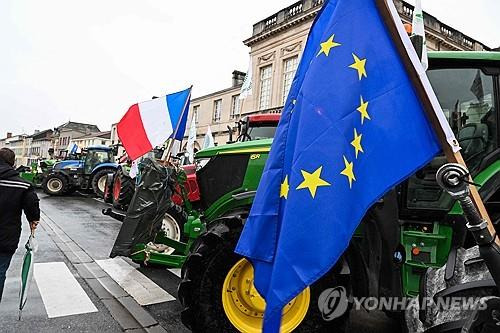 프랑스 농민들 다시 거리로… (AFP=연합뉴스) 18일(현지시간) 프랑스 북동부에서 열린 농민 시위에 EU 깃발과 프랑스 국기가 꽂혀 있다. 2024.11.18.