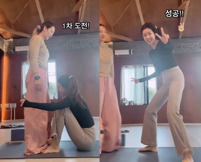 동작 2. 앉거나 누워서 아무것도 잡지 않고 일어나기 [사진=박한별 유튜브 채널 캡처]