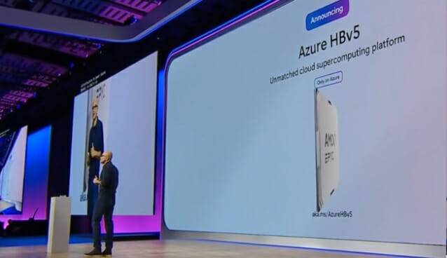 마이크로소프트에서 AMD와 공동으로 개발한 HBv5 VM를 소개하는 사티아 나델라 CEO(이미지=마이크로소프트)