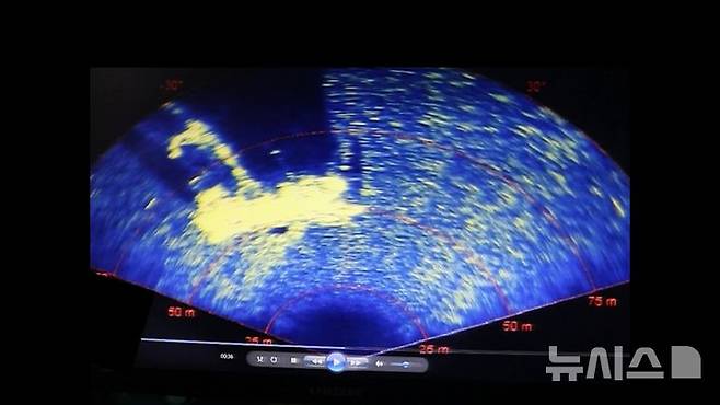 [제주=뉴시스] 지난 9일 오전 제주시 비양도 해상에서 실종 선원 수색 작업을 벌이고 있는 해군 광양함 ROV(수중무인탐사기)가 소나(음파탐지기)로 촬영한 수중 약 90m에 위치한 금성호 선체. (영상 = 해군 제공) 2024.11.11. photo@newsis.com
