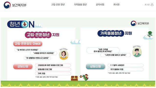 고립은둔청년 자가진단 검사 페이지 화면. 보건복지부 청년온 홈페이지