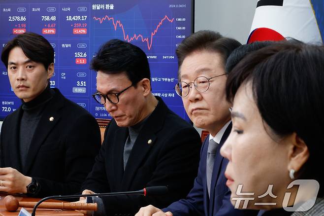 이재명 더불어민주당 대표가 6일 오전 서울 여의도 국회에서 열린 최고위원회의에 참석한 가운데 화면에 있는 경제위기상황판에 코스피, 코스닥 지수가 나오고 있다. 2024.11.6/뉴스1 ⓒ News1 안은나 기자
