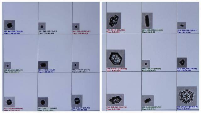 구름챔버 내부 온도를 낮추자 구름씨앗이 실시간으로 빙정으로 발달하는 모습. 챔버 온도는 영상 60도에서 영하 70도까지 조절할 수 있다. 왼쪽 사진은 챔버 온도가 0도 안팎이라 아직 '씨앗' 상태이고, 오른쪽은 영하 15도 내외에서 흔히 '얼음 결정'이라고 하면 떠오르는 판모양으로 발달했다. 최나실 기자