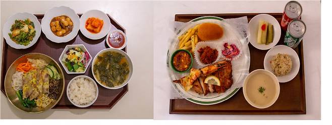 한식메뉴인 진주식 육전 비빔밥과 일품코너인 BBQ 플래터. (사진=아워홈)