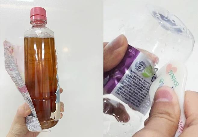 라벨이 쉽게 벗겨진 투명 페트병(왼쪽), 라벨 제거기를 이용한 모습 [육성연 기자. 온라인 커뮤니티]