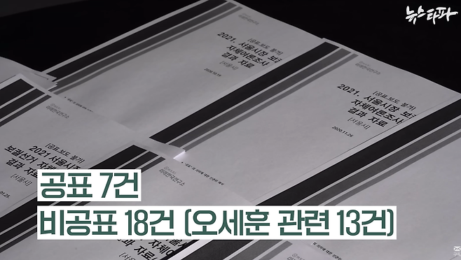 지난 22일 뉴스타파는 명태균 씨가 실질적으로 운영한 미래한국연구소가 2021년 서울시장 재보궐선거와 관련해 총 25건의 여론조사를 실시했다고 보도했다. 25건 여론조사 중 18건은 외부에 공개할 수 없는 비공표 여론조사였는데, 이 중 13건에는 오세훈 서울시장 후보 관련 질문이 포함됐다.