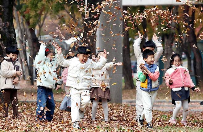 [광주=뉴시스] 박기웅 기자 = 소설을 하루 앞둔 21일 광주 북구 용봉동 전남대학교 정문 5·18소공원에서 야외활동을 나온 북구청 직장어린이집 아이들이 낙엽을 가지고 놀고 있다. (사진 = 광주 북구 제공) 2024.11.21. photo@newsis.com *재판매 및 DB 금지