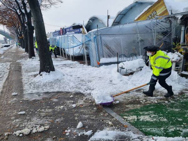 28일 오전 인천 남동구 구월동의 화훼단지에서 새벽에 내린 눈이 쌓여 비닐하우스가 무너졌다. 정성식기자