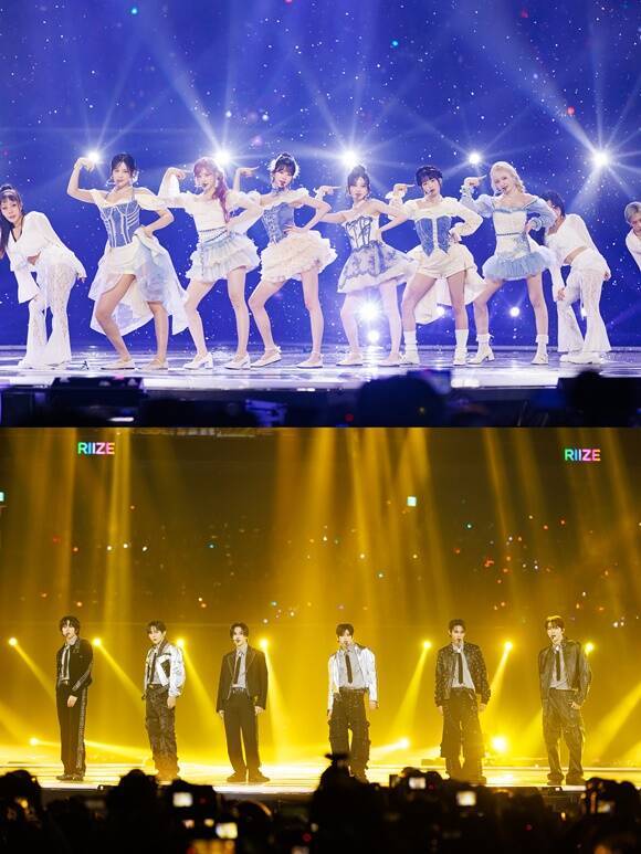 그룹 아이브(위)와 라이즈가 'MMA 2024'에서 화려한 무대를 선보였다. /MMA