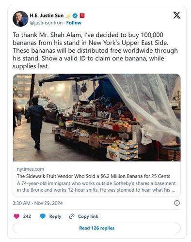 저스틴 선의 사회관계망서비스(SNS) 게시물. 저스틴 선 엑스(옛 트위터)