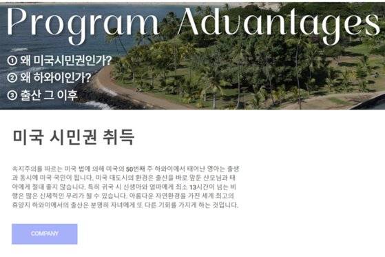원정출산 업체는 임산부가 미국·캐나다 등에서 아이를 낳고, 그 아이가 해당 국가의 시민권을 취득하기까지의 과정을 돕는다. 시민권으로서의 얻는 혜택을 강조하며 고객을 유치한다. 홈페이지 캡처
