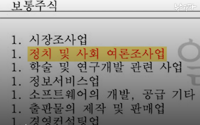 김한정 회장이 2022년 11월 22일 설립한 리서치○○○○○라는 이름의 여론조사업체 사업 목적.  ⓒ뉴스타파