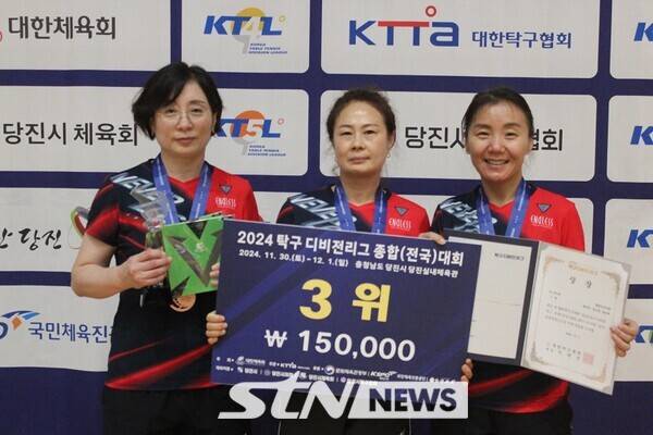 1일 충남 당진실내체육관에서 열린 2024 탁구 디비전리그 종합대회 T4 여자부 단체전 3위 원상미,김소영,길순옥(세종우리여짱) 기념사진 모습. 당진=사진┃김태일 기자