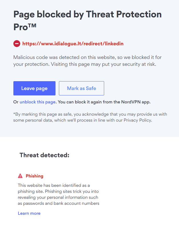 노드VPN의 고급 브라우징 보호 기능으로 차단된 가짜 쇼핑몰(이미지=노드VPN)