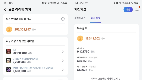 - 계정 내 캐릭터의 아이템과 자산 가치, 보유 골드도 확인 가능하다