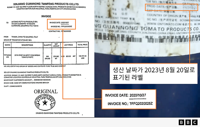 페티 그룹 측은 BBC에게 2020년 10월 자로 발행된 송장이 ‘신장 관농’사와의 마지막 거래라고 주장했으나(왼쪽), 잠입 기자는 취재 중 페티 그룹이 납품받은 통에 2023년 8월에 생산됐다는 라벨이 붙어있음을 발견했다